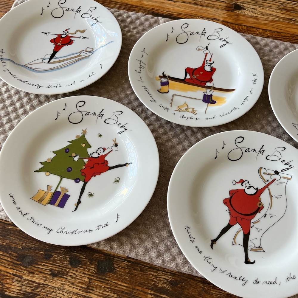 Holiday plates. Pottery Barn.  Santa Baby Christmas plates.